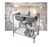 Evier Inox Professionnel,Evier Cuisine Exterieure 2 Bacs,Evier Autoportant Camping,Extérieur Évier De Jardin,Evier Commercial, Lavabo Pour Faire La Plonge Cuisine,avec Robinet,Filtre de Vidange,Suppor