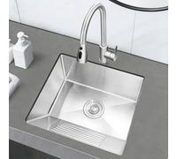 Evier Inox Rectangulaire à Encastrer, Vasque Salle de Bain en Acier Inoxydable 304 avec Planche à Laver, Robinet Extractible et Sortie d'Eau pour Balcon Et Buanderie(50x45cm/19.7x17.7in)