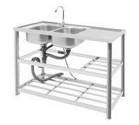 Évier Inox Sur Pied, Double Bac Lavabo Autonome, Cuisine Restaurant Café, Acier Inoxydable, 2 Niveaux, Plan de Travail Intégré, Robinet 360° 120x45x80cm