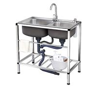Évier, Lavabo utilitaire avec robinet, profondeur de la cuve principale 22 cm, double moderne en acier inoxydable épais(80x43x75cm)