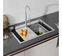 Évier Multifonction 70x45x22cm - Lavabo Cuisine avec Lave Verre, Distributeur de Savon, Panier de Rangement et Planche à Découper | Évier Inox Anti-Rayures avec Vidange Rapide