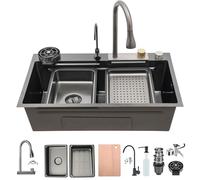 Evier Multifonction Cascade Cuisine, Éviers De Cuisine En Acier Inoxydable Ensemble Evier À Poser, 1 Bac Avec Robinetterie Extractible Rinceuse En Verre, Multifonction Avec(Black-Grey#1,80x45cm)