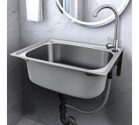Évier mural à une cuve, station de lavage des mains avec robinet d'eau, en acier inoxydable utilitaire pour buanderie intérieure, garage, restaurant (55 x 40 cm)