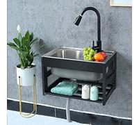 Évier mural en acier inoxydable à cuve unique, mini station de lavage des mains utilitaire avec robinet extractible et support pour garage, jardin, cuisine, buanderie, extérieur