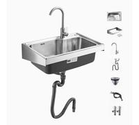 Évier mural en acier inoxydable - Évier utilitaire d'extérieur pour jardin et terrasse avec trou de robinet unique et trop-plein pour salle de bain, buanderie, salon