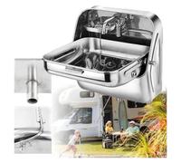 Évier mural, évier de lavage des mains pliant avec protection contre les éclaboussures, robinet et porte-savon en acier inoxydable, for utilisation intérieure, extérieure, garage, camping-car(Silver)