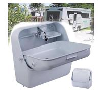 Évier mural, évier de lavage des mains pliant avec protection contre les éclaboussures, robinet et porte-savon en acier inoxydable, for utilisation intérieure, extérieure, garage, camping-car(White)