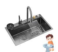 Évier noir à une cuve, évier de poste de travail à encastrer sous plan ou à poser sous plan, évier épais avec égouttoir/lave-tasses à commande sur comptoir et robinet extractible, pour éviers de cuis