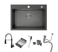 Évier Noir Anthracite 60 X 45 Cm Avec Robinet De Cuisine Extensible Gris Noir, Égouttoir Et Siphon - 1 Bac Carré Encastré Avec 2 Trous