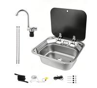 Évier Pliable en Acier Inoxydable pour Camping-car, Ensemble D'évier de Cuisine Portable avec Robinet et Couvercle en Verre Trempé, Idéal pour Fourgon Aménagé, Food Truck(Silver)