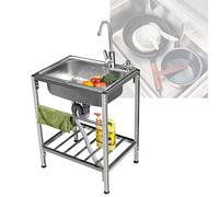 Évier portable en acier inoxydable pour cuisine et usage commercial 55 cm 60 cm Évier de restauration autonome avec eau chaude et froide - Idéal pour les restaurants et les activités de plein air