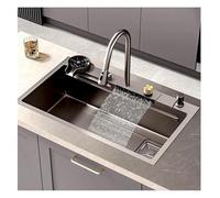 Évier portable, évier cascade, de cuisine simple en acier inoxydable, robinet à tirette et ensemble complet d'accessoires montage double(80x45x22cm)