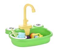 Évier pour enfants avec de l'eau courante, un lavabo de jeu grenouille en plastique avec un robinet rotatif à 180 °, avec des légumes modèle jouet, des fruits, une vaisselle, détergent et