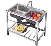 Évier Professionnel Inox 2 Cuve avec Robinets et Conduites D'eau Chaude et Froide, Évier Cuisine avec Étagère de Rangement, Drainage pour Restaurant, Garage, Jardin, 83 * 44 * 85 CM