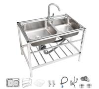 Évier Professionnel Inox 2 Cuves Évier Autoportant Avec Robinet Et Accessoires Evier Inox Exterieur Indépendant Évier Extérieur Et Intérieur Pour Cuisine Garage Buanderie(77x42x75cm)