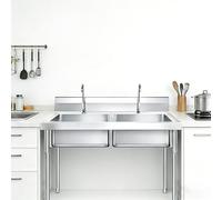 Évier Professionnel Inox 2 Cuves, Évier de Cuisine Commercial avec Robinet et Étagère de Rangement pour Cuisine, Restaurant, Garage, Jardin