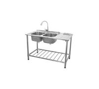 Evier Professionnel sur Pied à Doubles Bacs Inox avec Etagère de Rangement Inférieure et Robinet - KuKoo