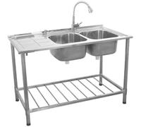 Evier Professionnel sur Pied à Doubles Bacs Inox avec Etagère de Rangement Inférieure et Robinet - KuKoo