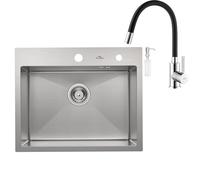 Évier rectangulaire en acier inoxydable 55 x 45 cm + robinet flexible de cuisine, évier de cuisine, avec distributeur de savon et siphon, lavabo de cuisine, 1 bac + robinet de cuisine