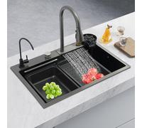 Évier rectangulaire en acier inoxydable 68 × 45 × 21 cm Évier de cuisine cascade 1 bac 3 modes de sortie d'eau Évier de bar multifonction avec robinet extensible Lavabo cascade