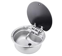 Évier rond en acier inoxydable avec couvercle en verre trempé, lavabo durable pour camping-car, caravane, bateau, espaces compacts