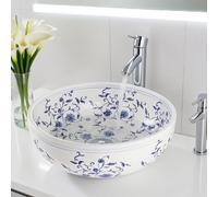 Évier rond en porcelaine blanche avec bonde en bambou et bonde pop-up Slish au-dessus du comptoir de salle de bain design artistique (41 x 41 x 15 cm)