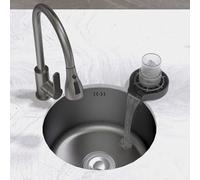 Évier rond noir à une cuve pour bar/cuisine, avec kit de vidange complet et fixations. Installation encastrée ou sous plan de travail. Nombreux accessoires inclus pour salle de bain, caravane, etc.