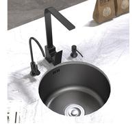 Évier rond noir à une cuve pour bar/cuisine, avec kit de vidange complet et fixations. Installation encastrée ou sous plan de travail. Nombreux accessoires inclus pour salle de bain, caravane, etc.