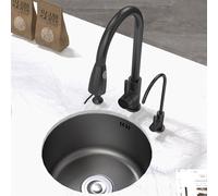 Évier rond noir à une cuve pour bar/cuisine, avec kit de vidange complet et fixations. Installation encastrée ou sous plan de travail. Nombreux accessoires inclus pour salle de bain, caravane, etc.
