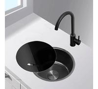 Évier rond noir for camping-car Évier de cuisine compact 1 bac Acier inoxydable 304 Encastrable ou sous plan Avec accessoires(B,34cm/13.4in)