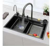 Évier sans Cascade, évier en Acier Inoxydable 304, évier Simple avec Robinet Extractible Flying Rain, Lave-gobelet sous Pression., Black Grey-a, 68x45x21cm