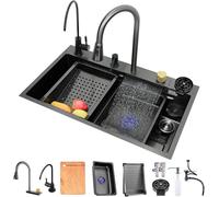 Évier Simple en Acier Inoxydable 304 sans Cascade, avec Robinet Extractible Flying Rain Et Lave-Vaisselle sous Pression., Black Grey-a, 75x45x21cm