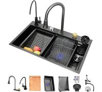 Évier Simple en Acier Inoxydable 304 sans Cascade, avec Robinet Extractible Flying Rain Et Lave-Vaisselle sous Pression., Black Grey-b, 75x45x21cm