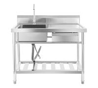 Évier simple en acier inoxydable avec tiroir droit et tiroir à gauche - Grande surface de lavage - Argenté - Pour la maison, la cuisine, le restaurant, le commerce, la ferme, le garage