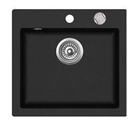 Évier simple encastré en granit, 46 x 49 cm, pour cuisine, disponible entre beige ou noir, rectangulaire, avec bouchon à sauterelle et siphon, noir