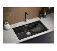 Evier Sous Plan Noir, 76 x 47 cm, Evier en Granit 1 bac + Kit de Vidage, Évier au meuble 80cm - Prague 80 Level