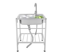 Évier sur pied en acier inoxydable avec robinet d'eau chaude et froide, 60 x 45 cm, avec étagère, bonde et panier, hauteur réglable, idéal pour la cuisine, la restauration, le bar et le camping