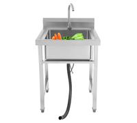 Évier sur pied en acier inoxydable - Robinet rotatif à 360° - Mobile avec dispositif de vidange - Pour l'extérieur, l'intérieur, la cuisine, le restaurant, le bar - 60 x 60 x 93 cm