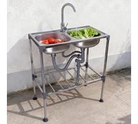 Évier sur Pieds en Acier Inoxydable pour Extérieur Camping - 75x40x83cm Lavabo multifonctionnel Portable à 2 bacs - Évier de cuisine commercial Mobile - pour Jardin,Garage ou Buanderie