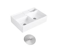 Evier timbre d'office VILLEROY ET BOCH Tradition 2 bacs 89,5 x 63 céramique vidage auto blanc + Cache bonde acier massif