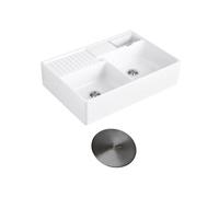 Evier timbre d'office VILLEROY ET BOCH Tradition 2 bacs 89,5 x 63 céramique vidage manuel blanc + Cache bonde anthracite