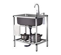 Évier utilitaire à cuve unique autoportante, éviers de cuisine en acier inoxydable 304 épais avec égouttoir 1 compartiment avec robinet, for garage, restaurant, cuisine, buanderie, intérieur et extéri