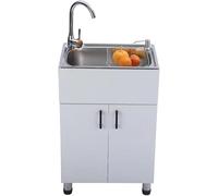 Évier Utilitaire à Cuve Unique Avec Bassin Et Robinet En Acier Inoxydable, évier De Cuisine Autoportant Avec Tuyau De Descente Et Cage à Déchets En Acier Inoxydable, Hot and Cold Faucet, 50*40*75cm