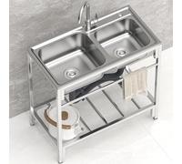 Évier Utilitaire à Double Cuve, en Acier Inoxydable 304, avec Étagère de Rangement, Modèle sur Pied pour l'extérieur, avec Robinet, pour Buanderie, 83 × 44 × 85 cm