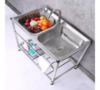 Évier utilitaire à double cuve en acier inoxydable avec robinet - Station de lavage extérieure autonome avec étagère de rangement et kit de vidange - Lavabo portable (L x l x H) : 80 x 45 x 75 cm