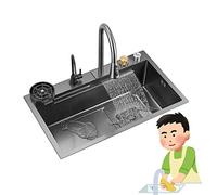 Évier utilitaire à une cuve, évier de poste de travail encastré noir, cuve épaisse avec égouttoir/lave-tasses à commande sur comptoir et robinet extractible, pour éviers de cuisine/buanderie (Taille