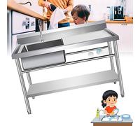 Évier utilitaire autonome en acier inoxydable pour cuisines commerciales, bol simple avec égouttoir et double étagères de rangement, 100 x 60 x 80 cm, robinet côté gauche