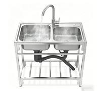 Évier utilitaire autoportant à double cuve, évier de camping en acier inoxydable 304 avec robinet chaud et froid, profondeur 20 cm / 7,9 pouces, for extérieur, restaurant, garage, cour, buanderie