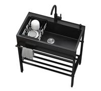 Évier utilitaire autoportant en acier inoxydable à une cuve avec étagère de rangement, robinet d'eau chaude et froide, noir, 65 pouces.