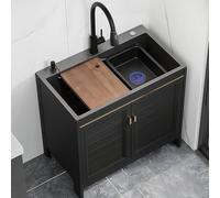 Évier utilitaire autoportant en acier inoxydable avec égouttoir et armoire design anti-basculement pour intérieur/extérieur, cuisine, restaurant, buanderie, établi
